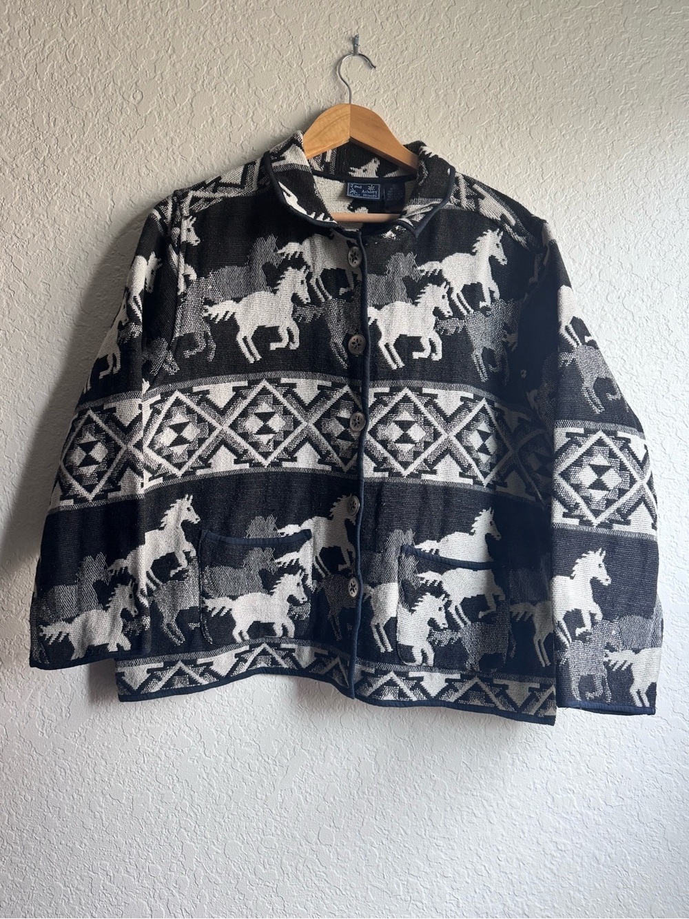 Vtg 90s Jane Ashley Horse Tapestry Jacket Black White Southwestern Western 2XL